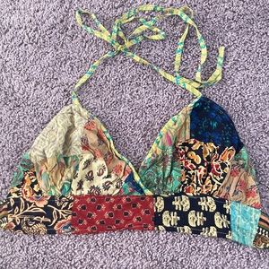 Patchwork tie halter top open back hippie
